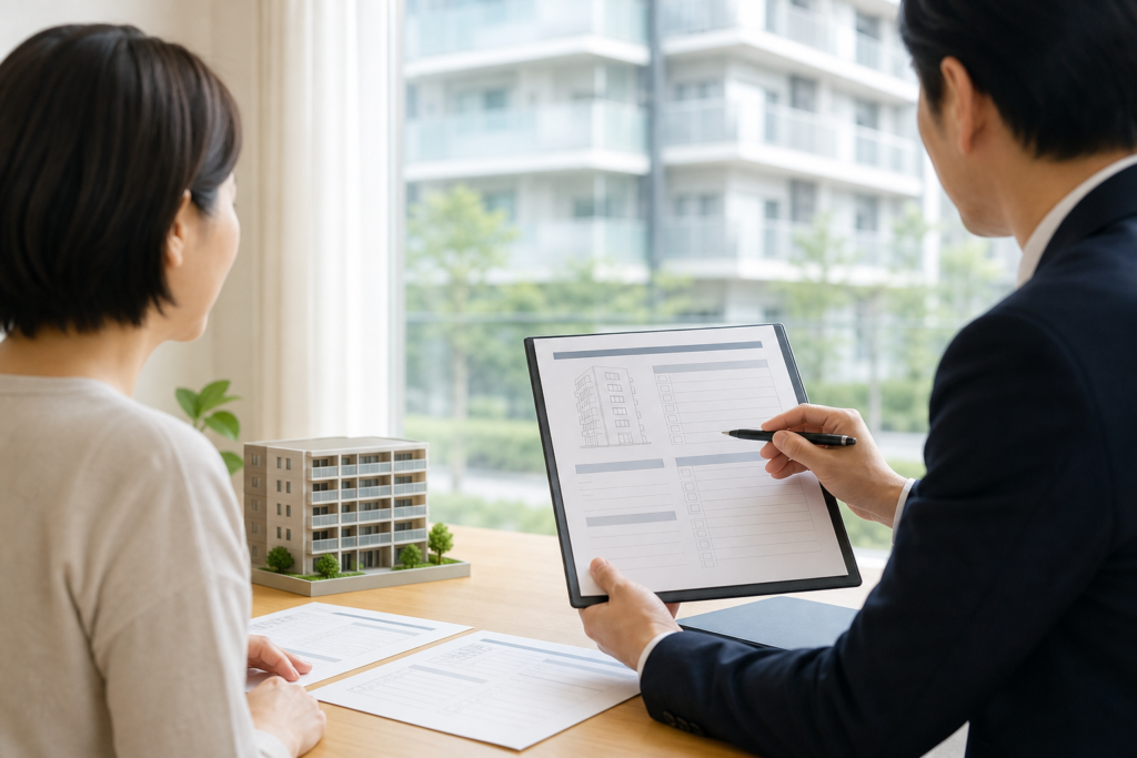 長期修繕計画のチェックリストを見ながら、マンション管理について相談する人物